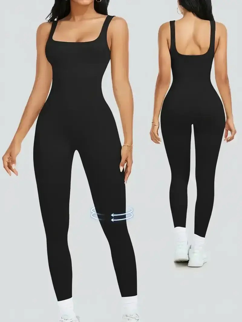 Women's Solid Square Neck Shapewear Jumpsuit, Casual Comfy Tummy Control Seamless Ribbed Jumpsuit for Daily Wear, Ladies Shapewear for All Seasons, Sporty Comfy Jumpsuit