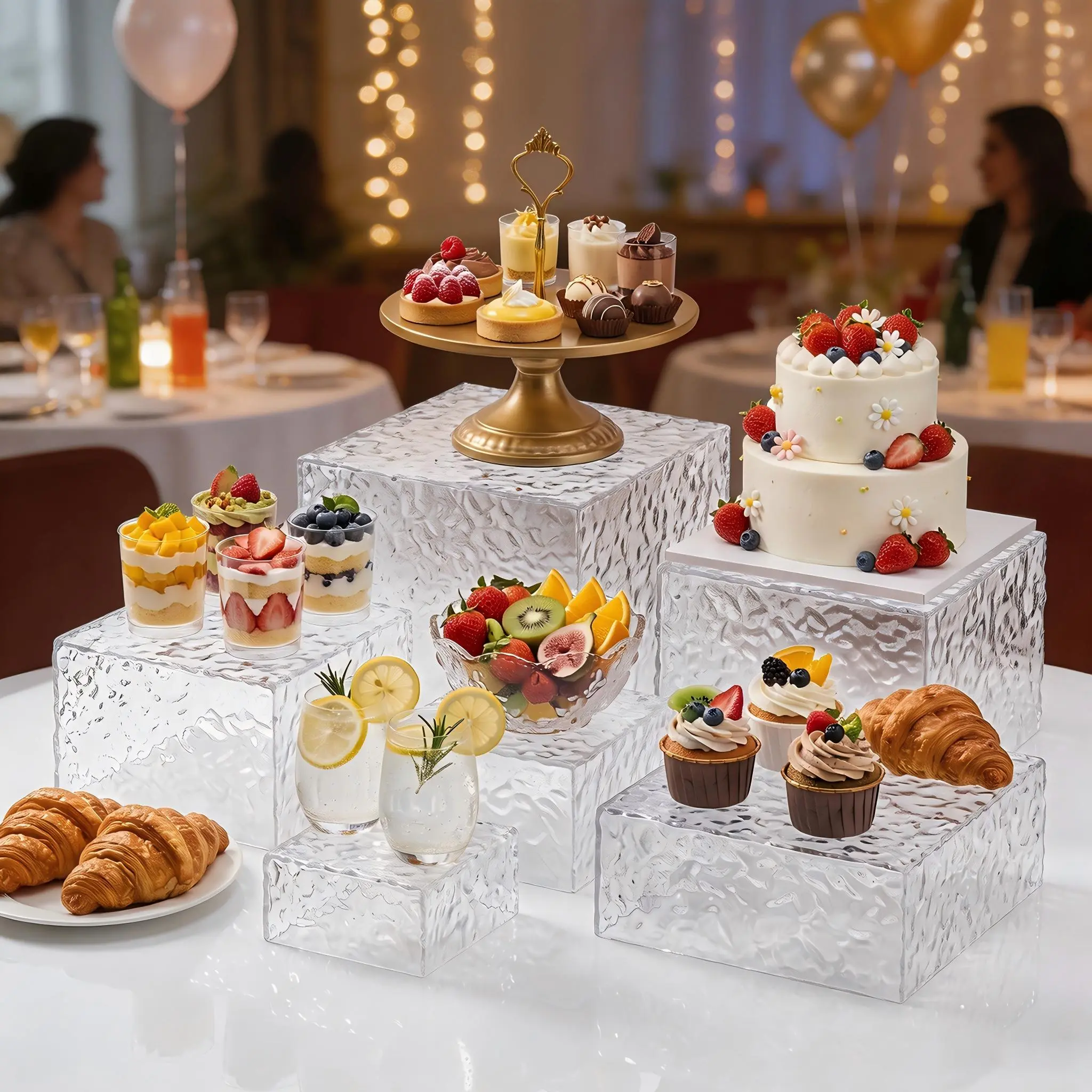 6PCS Acrylic Buffet Risers, Clear Hammered Water Ripple Dessert Display Stands for Catering Cakes Cupcakes Desserts Drinks Décor Acrylic Display Risers Stackable Nesting Storage
