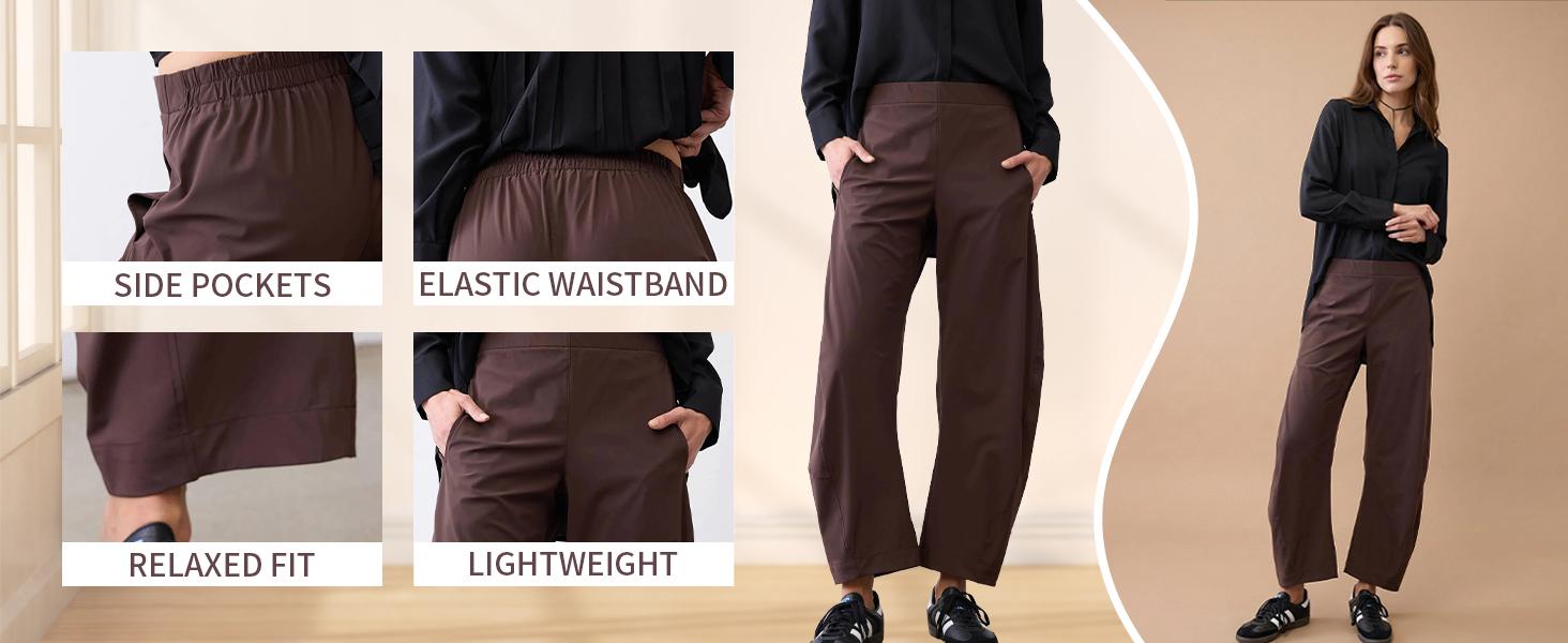 Songling Women Barrel Travel Pants Elastic Waistband Tapered Leg Baggy Mid Rise Work Trousers Lounge Pant with Pockets Bottom