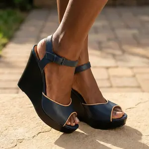 Agape 'Purdue' Navy & Tan Wedge Sandals
