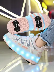 Girls' LED Light-Up Roller Skates, PU Leather Four-Wheel Inline Skates, USB Rechargeable, Detachable Wheels, All-Season Casual Shoes