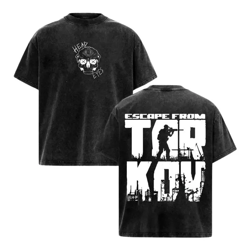 Unisex Oversized Escape From Tarkov Tee: Bold Big Logo City Silhouette Print, Double-Sided Graphic Design for FPS Gamers, Cozy Vintage Washed Cotton, Ideal Streetwear Gift for Hardcore Tactical Shooter Fans
