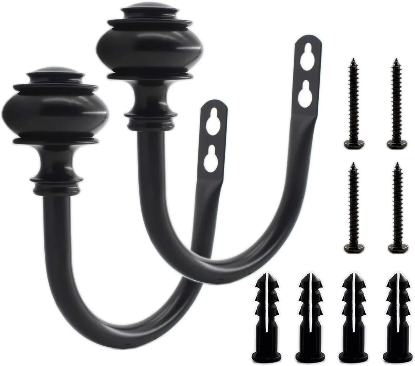 2 Pack Curtain Holdback Hooks,  U-Shaped Hook Wall Mounted Curtain Tieback Hook,Decorative Window Curtain Holdbacks for Drapes Metal Curtain Holder Curtain Accessories Round Black
