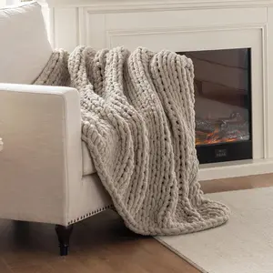 Chunky Knit Blanket Throw,  Hand Knit Throw Blanket Handmade Chenille  Knit Throw for Couch, Stylish Cozy Soft Rope Knot Crochet Blanket for Home Decor, Beige Linen, 50x60 Inches