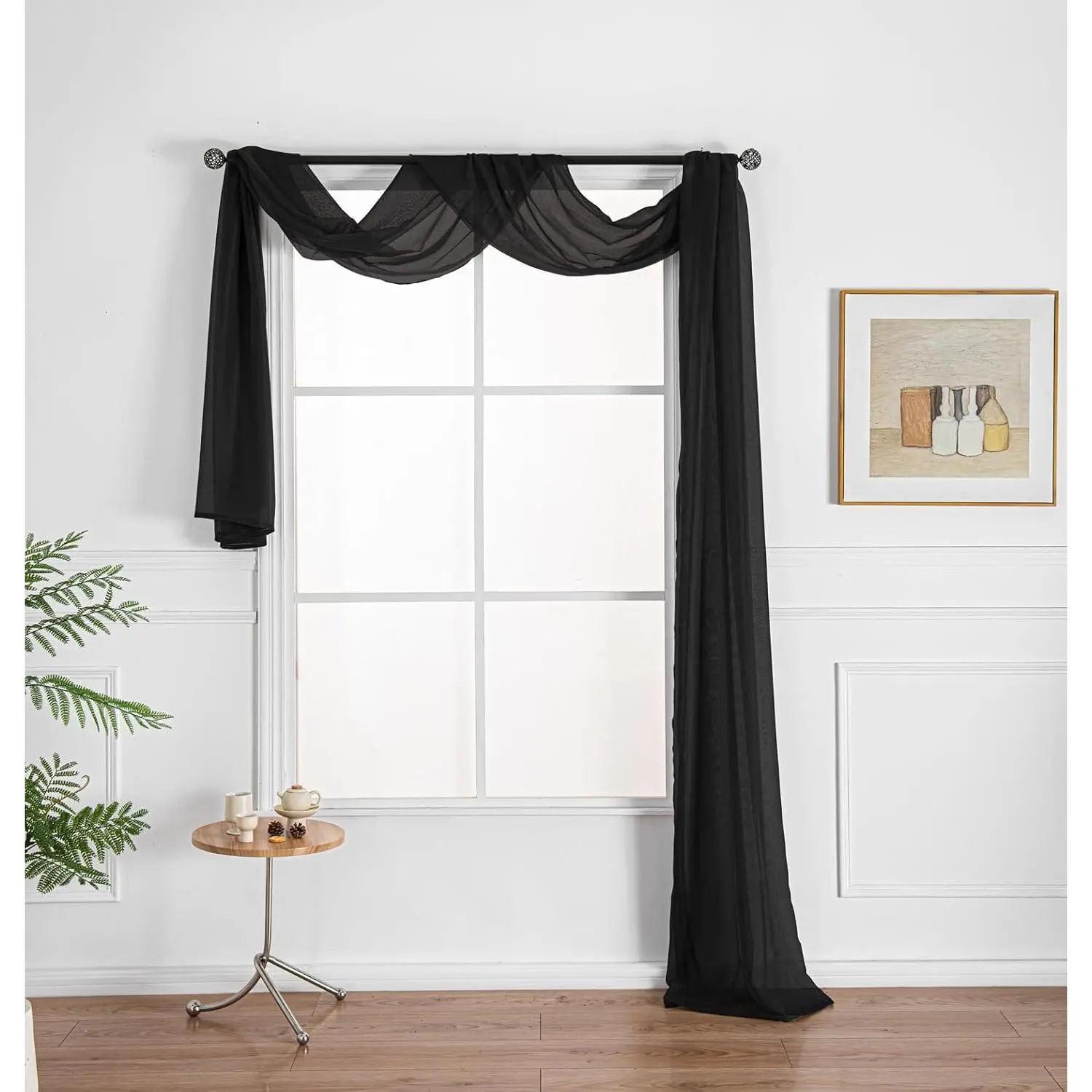 Black Window Scarf Extra Long Sheer Window Scarf Valance. 38"W x 216"L Valances Voile Swag for Windows- Living Room, Kitchen, Wedding , Bedroom Decor, Events. Fully Stitched and Hemmed