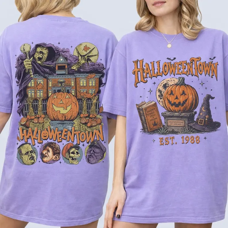 : Comfort Colors 2-Side Halloweentown Shirt - Retro Halloweentown University T-Shirt, Vintage Spooky Season Graphic Tee, Cute 1998 Movie Nostalgia Halloween Gift Top