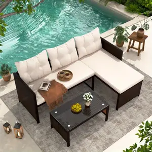 3-Piece Outdoor Patio Furniture Set All-Weather PE Rattan Sofa with Cushions & Glass Coffee Table in Khaki Red Blue for Garden Poolside Yard