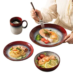 4/8-piece ceramic dinnerware set, Western style, suitable for 1-2 people, kiln-fired ceramic, ink-red, includes steak plate, salad bowl, cup, microwave-safe, machine-washable