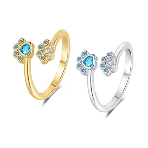 Lovely Dog Paw Open Rings for Women Promise Love Crystal Open Statement Stackable Band Sterling Silver Plated Adjustable Cute Animal Puppy Footprints Finger Fashion Jewelry for Pet Lovers