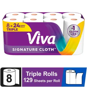 Viva Signature Cloth Paper Towels For Kitchen House Cleaning 8 Triple Rolls Multi-Surface 129 Sheets Per Roll