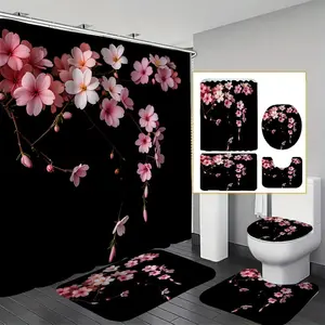 Cherry Blossom Pattern Bathroom Accessories, 2/4 Counts Shower Curtain & Toilet U-shape Mat & Rectangular Mat & Toilet Lid Cover, Bathroom Decor Supplies with Hooks, Bathroom Decoration Accessories