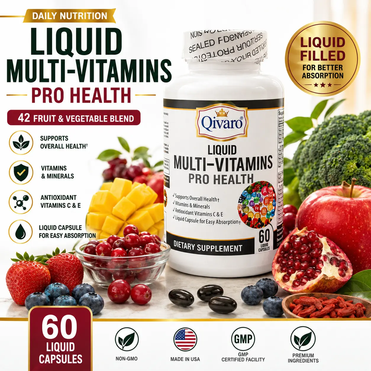 Qivaro Liquid Multi-Vitamins Pro Health - Daily Full Spectrum Support with Vitamins A C D E B-complex Iron Zinc Iodine Selenium & Fruit Vegetable Blend