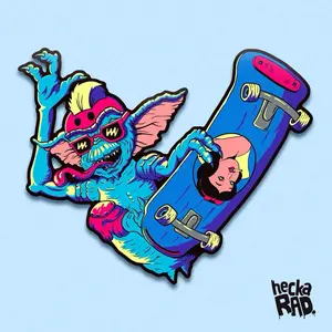 Hecka Rad Stripe the Skateboarding Gremlin Vinyl Sticker - Handmade, Colorful Nostalgic Retro Design, Features Durable Weatherproof Vinyl