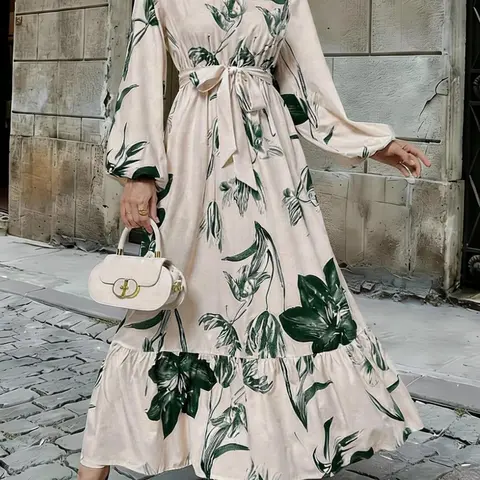 Elegant Women's Floral Print Dress, Elastic Waist Patchwork Hem, European and American Style, New Arrival, Arabic Design, Muslim Dresses, Modest Islamic Clothing, Muslim Outfits, Islamic Modesty Clothes