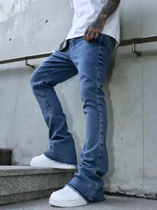 Mid-waist comfortable fit stretch wide-leg jeans, Y2K style men's jeans, street style loose cuffs, soft and stretchy fabric, suitable for daily/leisure/streetwear, fashionable retro blue jeans, designed specifically for fashion-conscious men