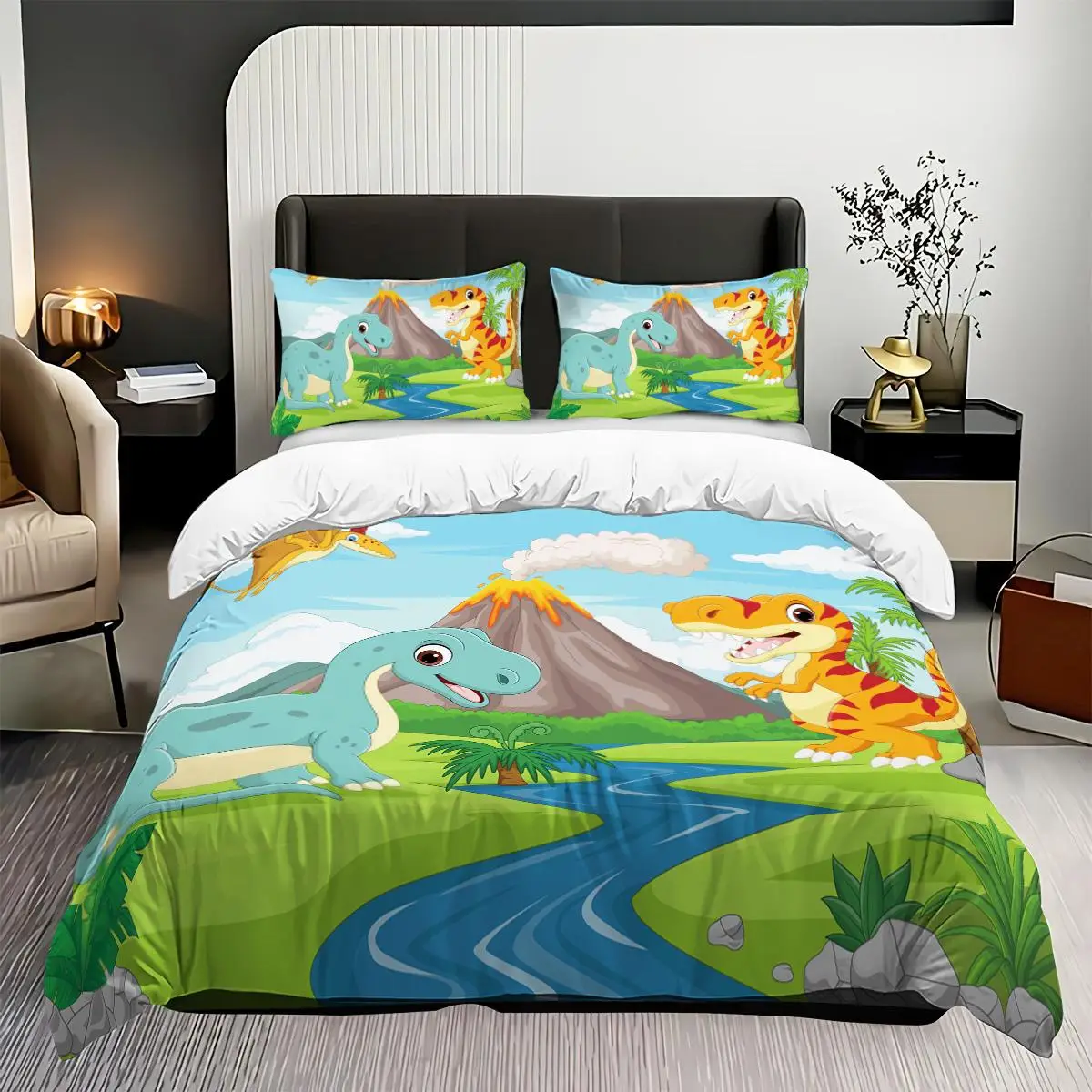 Cartoon Dinosaur Pattern Duvet Cover Set, 1 Count Duvet Cover & 2 Counts Pillowcase(30*20inch) without Filler, Soft Comfortable Bedding Set for Home B