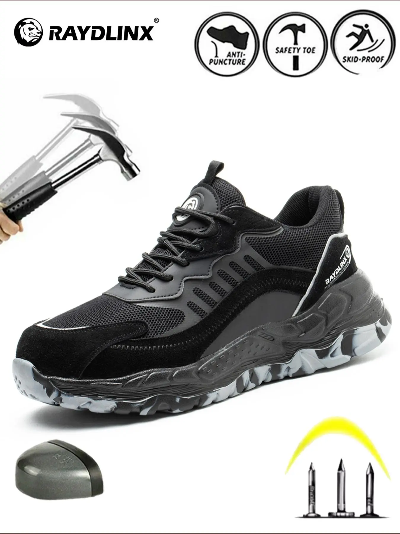 Men's Colorblock Lace Up Work Safety Shoes, Lightweight Breathable Comfortable Anti-Slip Safety Shoes, Lightweight Safety Sneakers, Anti-Puncture Work Protective Shoes, Safety Footwear