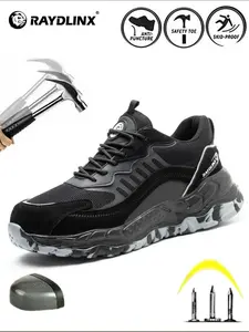 Men's Colorblock Lace Up Work Safety Shoes, Lightweight Breathable Comfortable Anti-slip Safety Shoes, Anti-skid Work Shoes, Work Protective Shoes