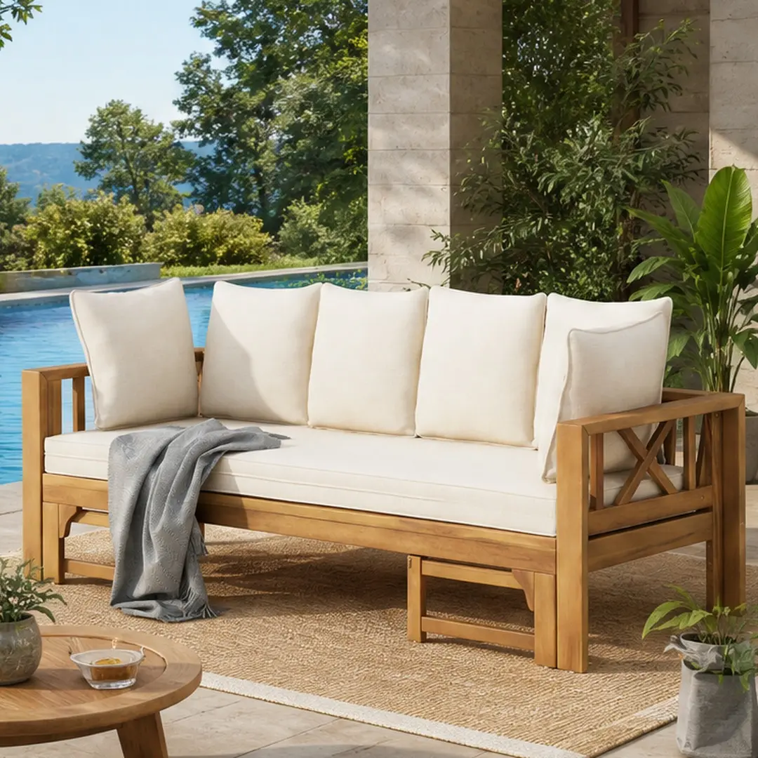ARCH Outdoor Extendable Acacia Wood 3-Seater Sofa Daybed with Water-Resistant Cushions, Convertible Patio Couch Lounger for Garden Yard, Teak Finish, 78.5"W x 26"D x 24.25"H, Expands to 47"D, Rustic X-Frame Design, Full Size Options