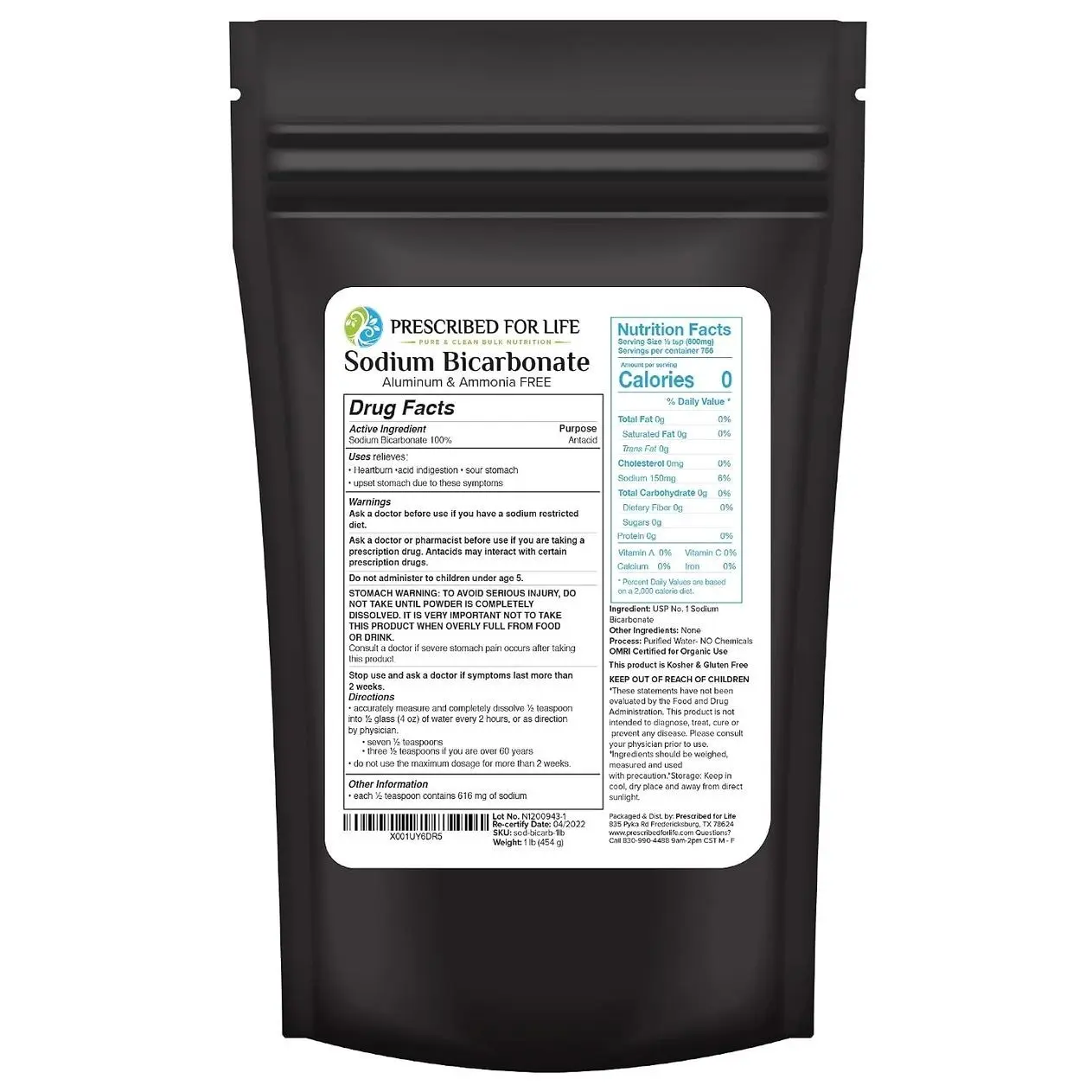 Prescribed For Life, Natural Sodium Bicarbonate (Baking Soda) Powder, 1 Lb Pouch