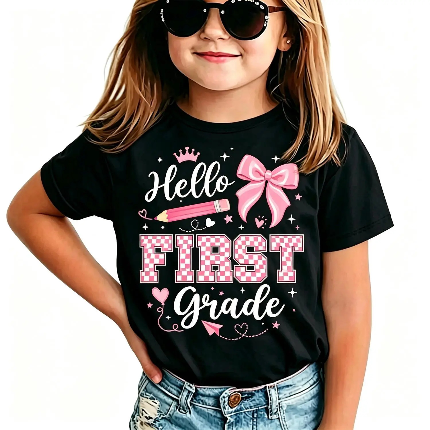 Hello First Grade First Day Of School Teacher Girls Cotton T-shirt