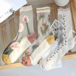 3 PCS Tulip Flower Women's Socks, Sheer Silk-like Middle Tube Socks, 3PCS Breathable Socks with 3D Floral Design, Forest Style Socks, Pink Large Flower Print, Vertical Floral Pattern, Cute Spring Summer Ankle Socks, Fashion Socks for Women