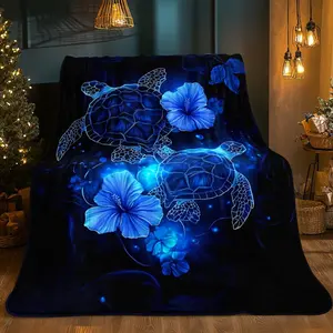 Turtle & Blue Sea Turtle Print Flannel Blanket  Soft Plush Comfort Blanket, Suitable For use on Sofas, Reclining Chairs, and Beds. It is an Ideal Gift for Children, Adults, Wives, or Oneself. Multiple Sizes are Available for Selection.