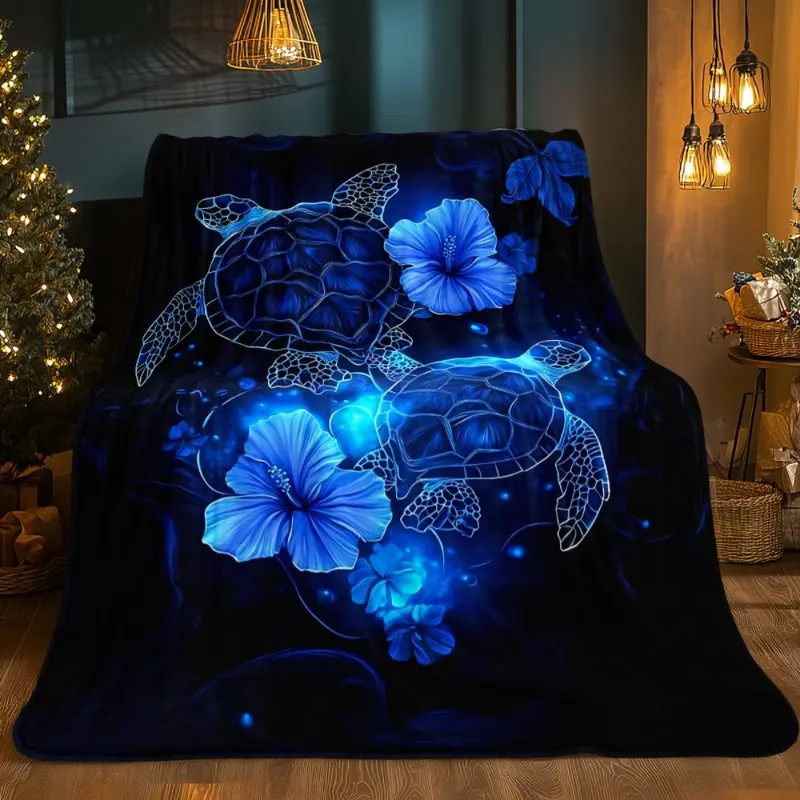 Sea Turtle Ocean Print Flannel Throw Blanket, Blue Marine Life Artwork for Coastal Bedrooms and Beach House Lounges, Soft Sofa Accent for Seaside Relaxing, Birthday Holiday Gift for Kids, Adults and Turtle Lovers