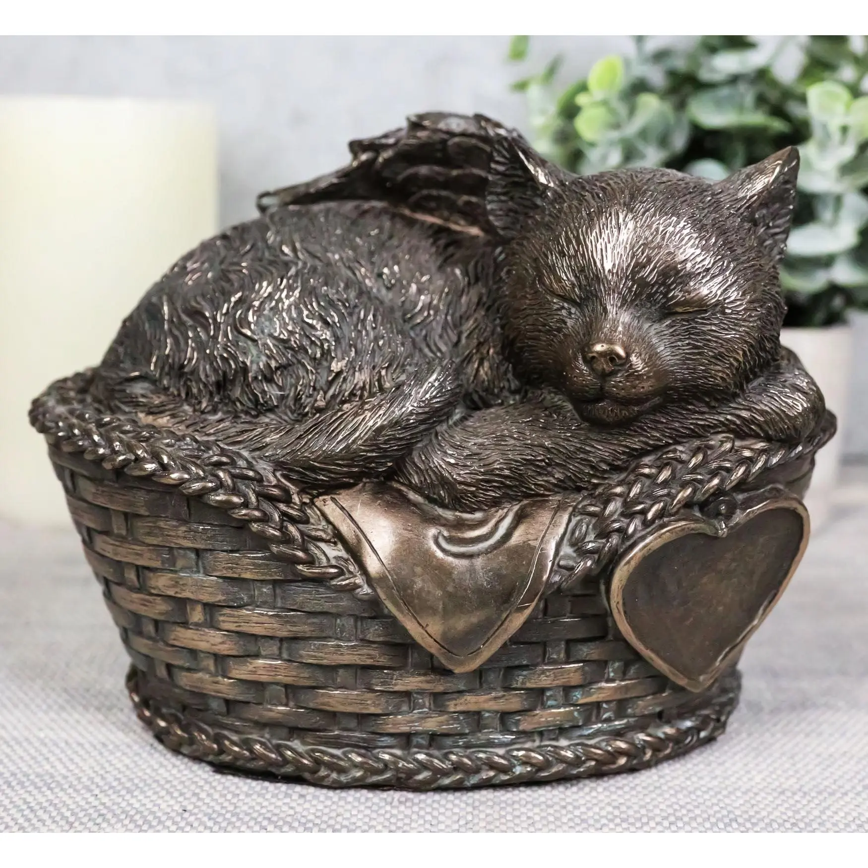 Heavenly Angel Cat Sleeping in Wicker Bed Cremation Urn Pet Memorial Statue
