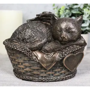 Heavenly Angel Cat Sleeping in Wicker Bed Cremation Urn Pet Memorial Statue