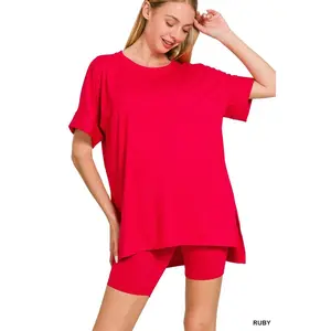 Zenana Full Size Brushed Dty Microfiber Round Neck Top and Biker Shorts Set Plus Size