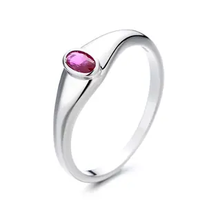 Amy & Annette Sterling Silver Garnet Signet Ring with Pink Gemstone, Simple Design, Elegant Finish