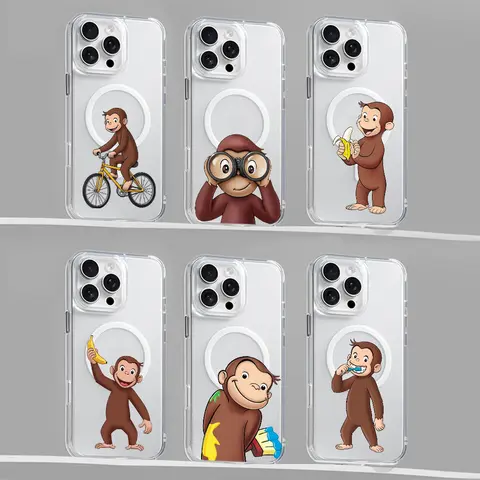 Curious George phone case for iPhone 17/16/15/14/13/12/11/XS/Pro Max/Plus/AIR,Magnetic cute monkey Case Compatible with MagSafe,for Samsung S26/S25/S24/S23/S22/PLUS/ULTRA/FE/A56/A54,Wireless Slim Clear Phone Case Anti-Yellowing Shockproof Protective Cover