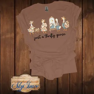 SkyGrace Just a Thrifty Goose T-Shirt - Brown Casual Top with Fun Goose Design for Comfortable Wear