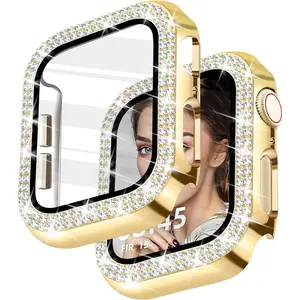 Bling Case with HD Screen Protector Women Compatible with Apple Watch 40mm Diamond Protective Face Cover PC Frame Protector for iWatch Series 4/5/6/SE Gold