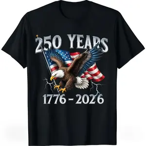 Men's Unisex 100% Cotton Classic Short-Sleeve Patriotic Print T-Shirt, 1776-2026 250 Years American Eagle USA Flag Design, Soft Regular Fit Vintage Style with Stitched Hem