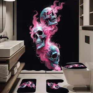 1/4pc pink flame skull pattern bathroom set, The 4-piece set includes a single shower curtain, anti slip floor mat, toilet U-shaped mat, toilet lid mat, with shower curtain hook, and belongs to bathroom decoration products