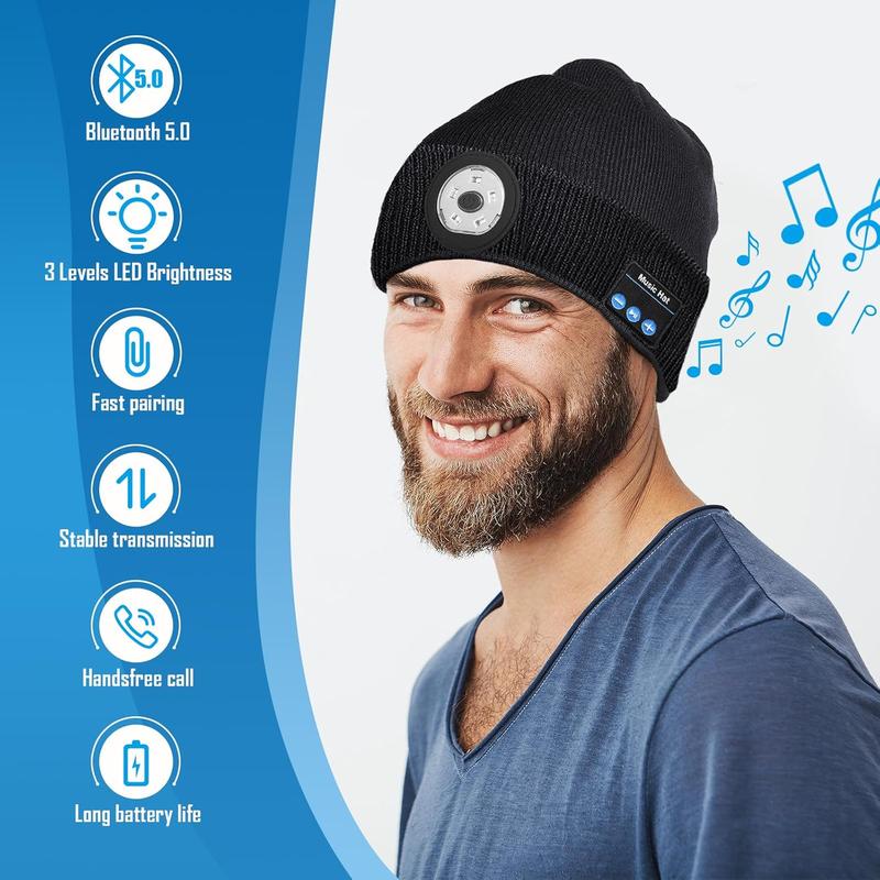 Touch Two Bluetooth Music bright led Lighted Night Running Alert Knit Warm Hat for Sports Outdoor Hiking Cycling Fashion Family Must-have - Versatile Use sport outdoor night usb rechargeable hand free headlamp jogging warm knit hat cap unisex  with  light