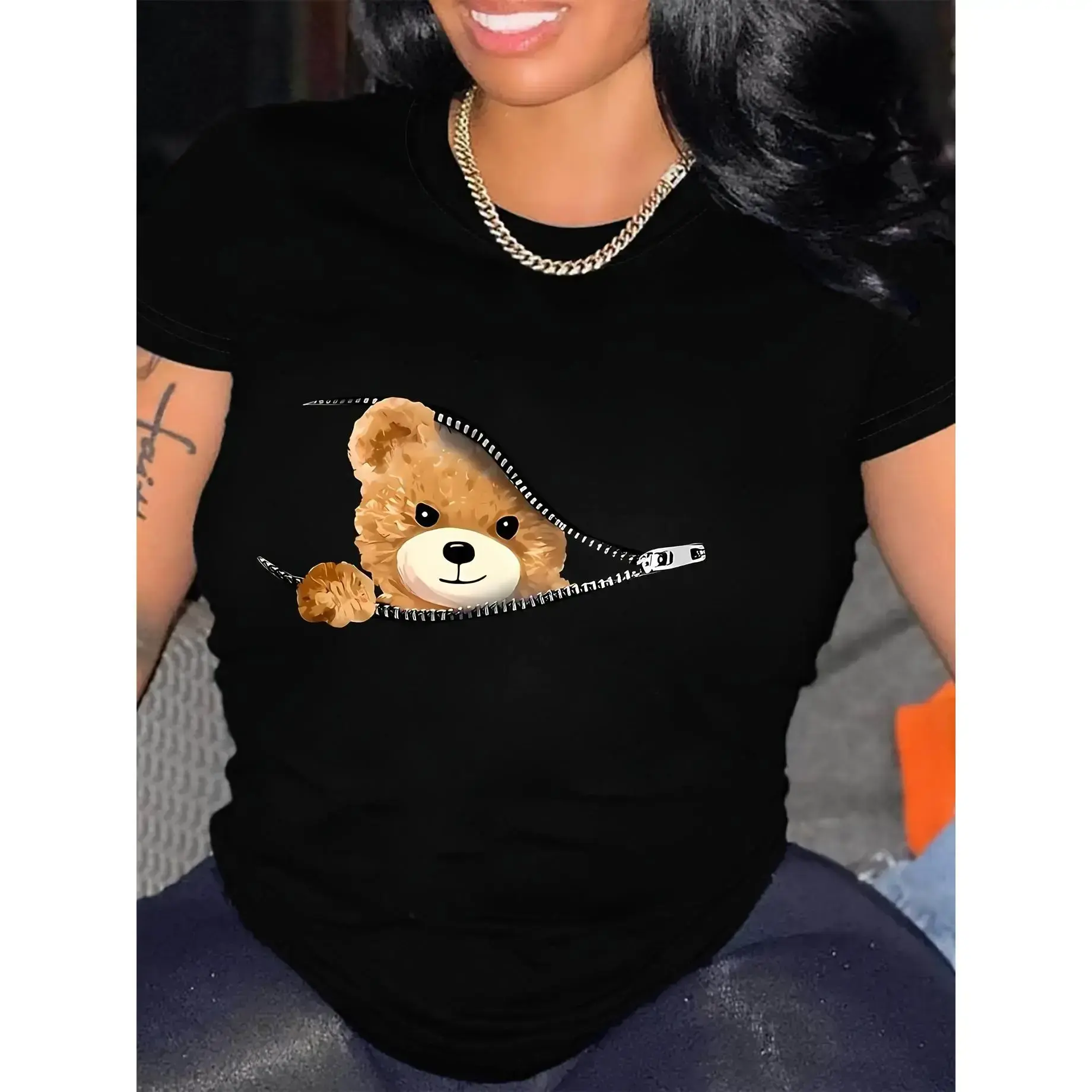 [100% Cotton] Women'S Cute Teddy Bear Graphic T-Shirt - Casual Black Polyester Tee With Zipper Detail, Short Sleeves & Round Neckline, Machine Washable, Casual Wear  Playful Graphic Tee  Machine Washable Top T-Shirt For Men And Women