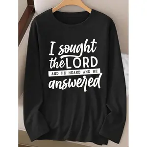 Women's Christian Verse Polyester Longsleeve Tshirt - "I Sought the Lord & He Answered" Elegant Script, Round Neck, Soft Breathable Casual Clothes for Church Events, Daily Faith Expression