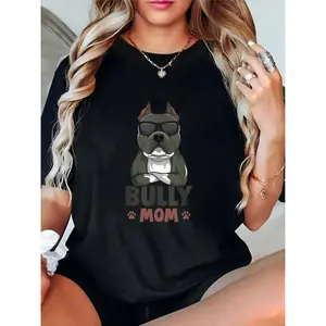 Women's Bully Mom T-Shirt - Cool Sunglasses Pitbull (Crossed Arms) & Paw Prints, Casual Dog Lover Tee for Daily Wear, Ideal Gift for Bully Breed Dog Moms 100% Cotton T-shirt