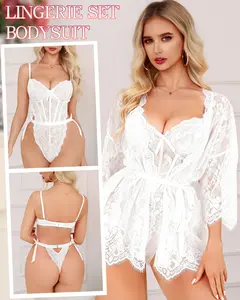CHALOVELO Women Sexy Lingerie Set Lace Kimono Robe Teddy Bodysuit 2 Piece Sleepwear Mesh Nightgown for Bridal Nightwear