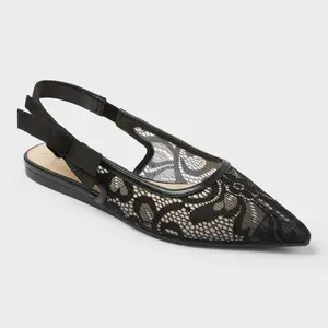 Women's London Lace Sling Back Bow Flats - Black size  8: Cushioned Insole, Pointed Toe, Slip On