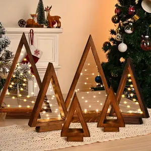 2/3/4/5/6pcs Wooden Triangle Tree Tabletop Multiple Sizes With Lights Modern Farmhouse Holiday Decorations Small Desktop Ornament Tree Mantle Christmas Artwork Ornaments Decor (Large 14.3" Medium 10.2")