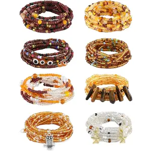 50" Tie-on African Waist Beads for Women Non Stretching 8Pcs Belly Beads Plus Size Colorful Handmade Beaded Waist Jewelry Accessories Body Chain