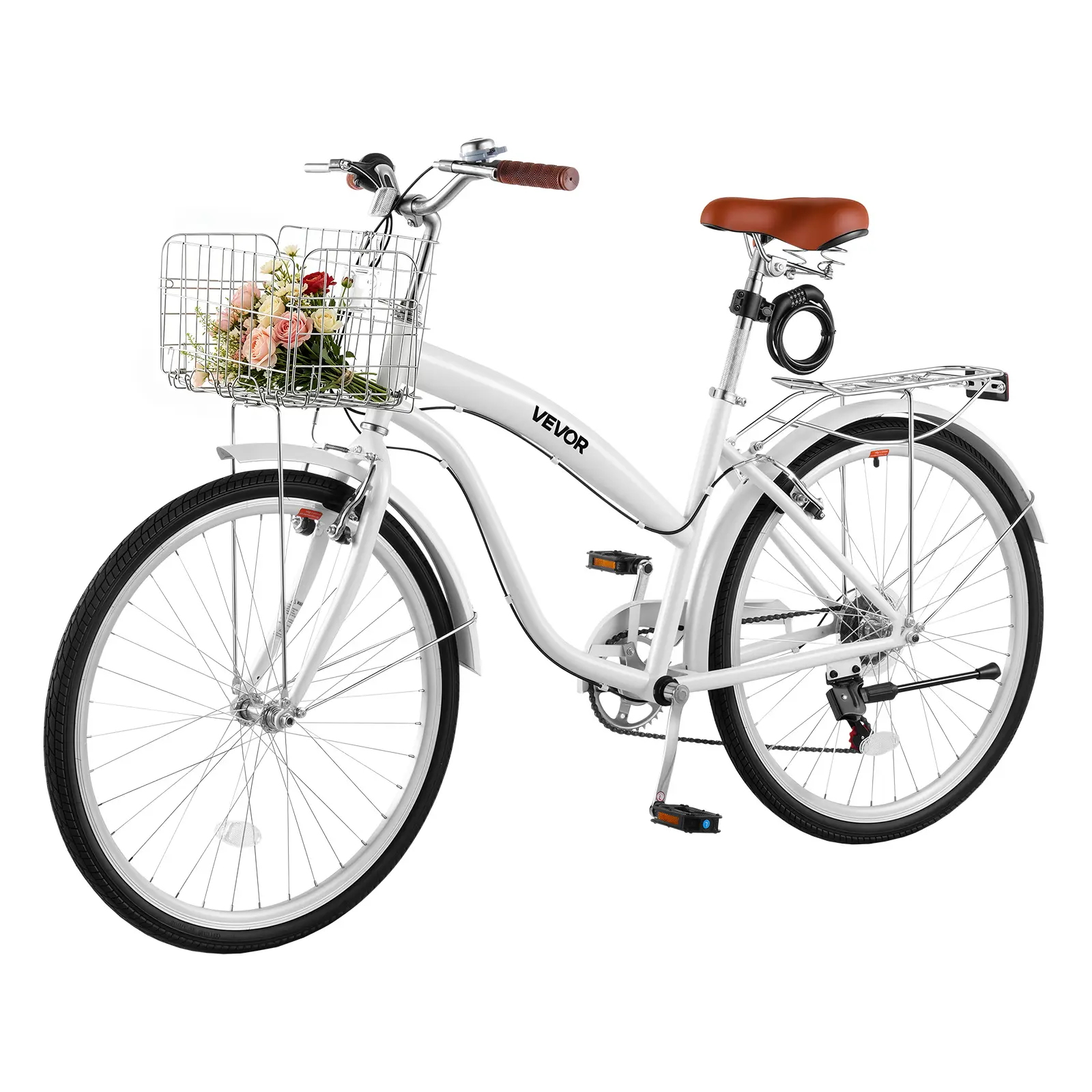 VEVOR Women's Beach Cruiser Bike, 26-Inch 7-Speed Commuting Bicycle with Carbon Steel Frame, Adjustable Seat, Basket & Rear Rack, 26" Wheels