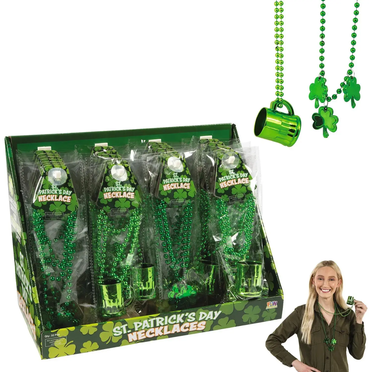 St. Patrick's Day Beaded Necklaces, 32 pcs Assorted Plastic Party Favors with Shamrock & Shot Glass Charms, Beads, Multicolor, Unisex