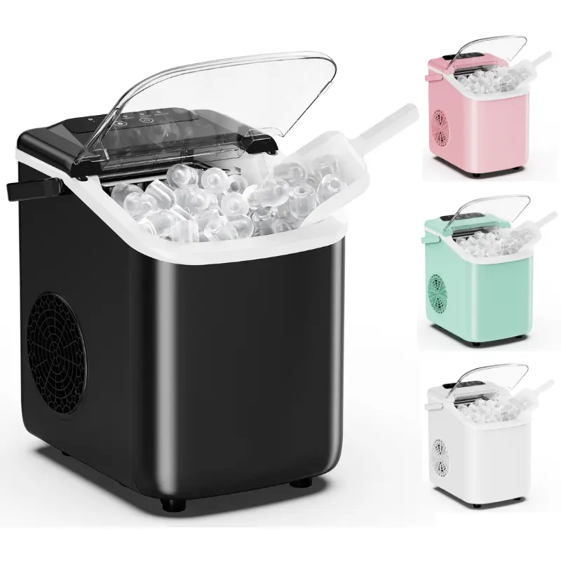 Ice Makers Countertop with Handle, Portable Ice Machine 9 Bullet Cubes in 6 Mins, 26lbs in 24Hrs, Auto-Cleaning, with Basket and Scoop, for Home, Kitchen, RV, Camping, Black Desktop ice maker, with movable handle, can produce 9 ice balls in 6 to 8 minutes