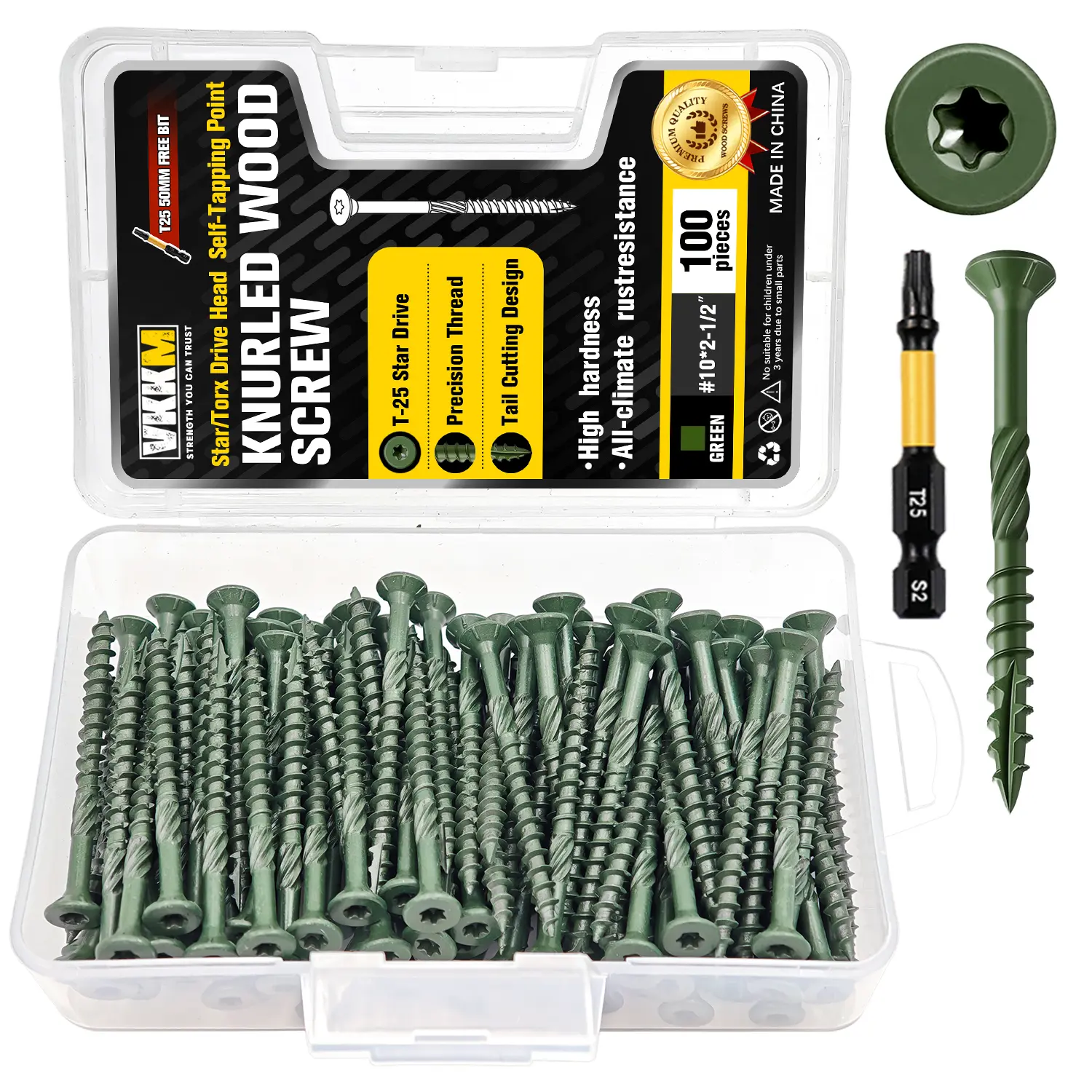 VKKM 100Pcs #10 x 3 Inch Green Torx Deck Screws, Knurled Self-Tapping Anti-Split Rust Resistant Exterior Wood Fasteners with T25 Bit for Deck Fence Outdoor Woodworking