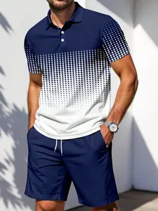 Men's Gradient Dot Polo Shirt with Deep Blue Casual Shorts Set, Summer Fashion Men's Two-Piece, Slim-Fit Graphic Tee